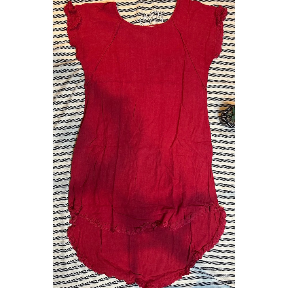 Umgee USA Red‎ Linen Blend Tunic Dress Fringe Hem Casual Boho Size S